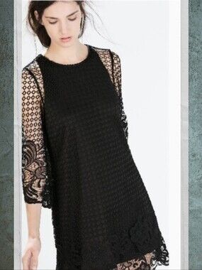 Zara Sz S Black Lace Shift/Cocktail Dress